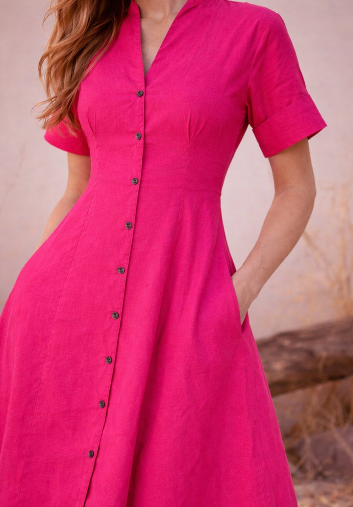 Pink Pure Cotton A-Line Buttoned Dress