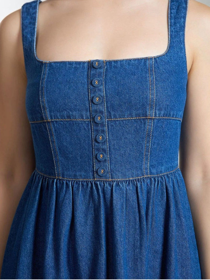 Blue Denim Flared Midi Dress
