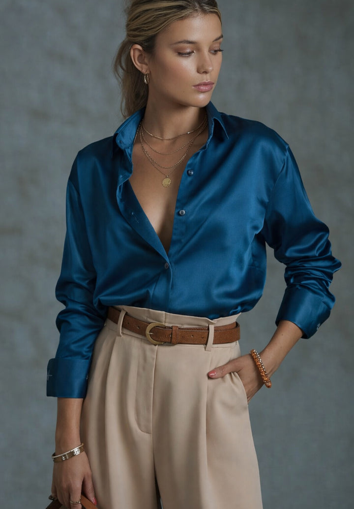 Navy Blue Milano Satin Relaxed Fit Shirt