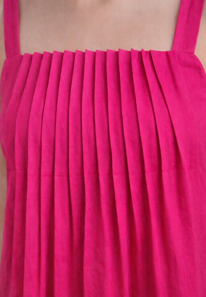Pink Pleated Pure Cotton A-Line Smoked Waist Dress
