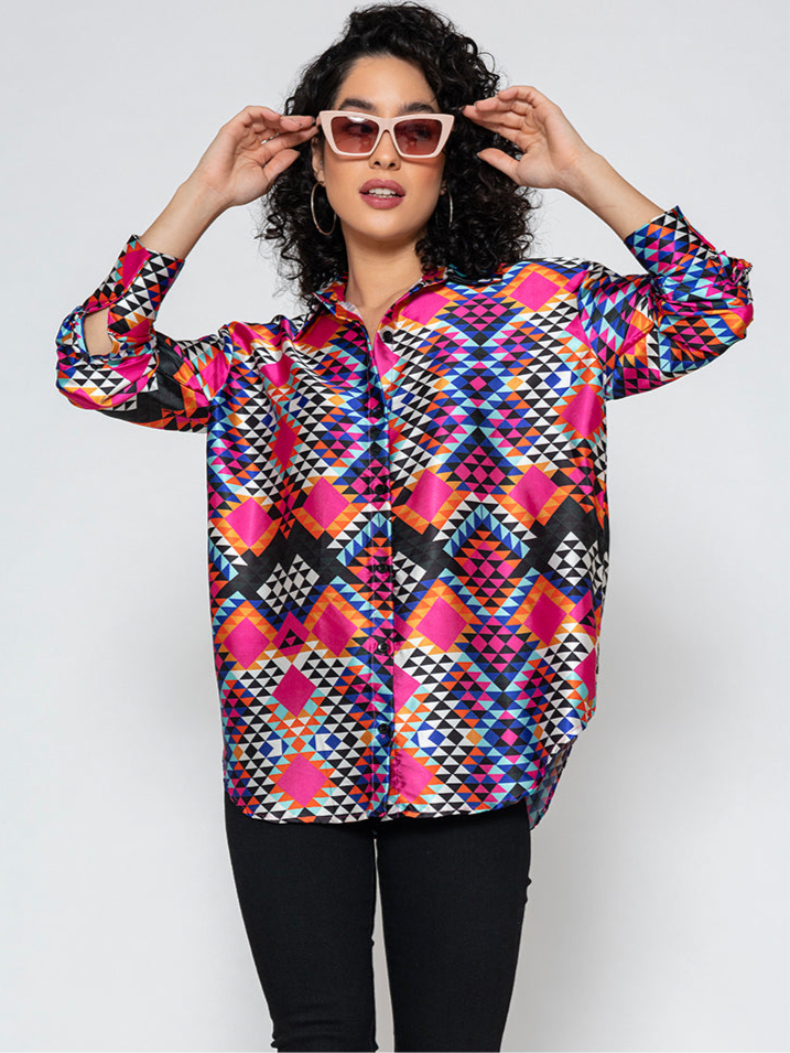 Multicolor Printed Satin Relaxed Fit Shirt