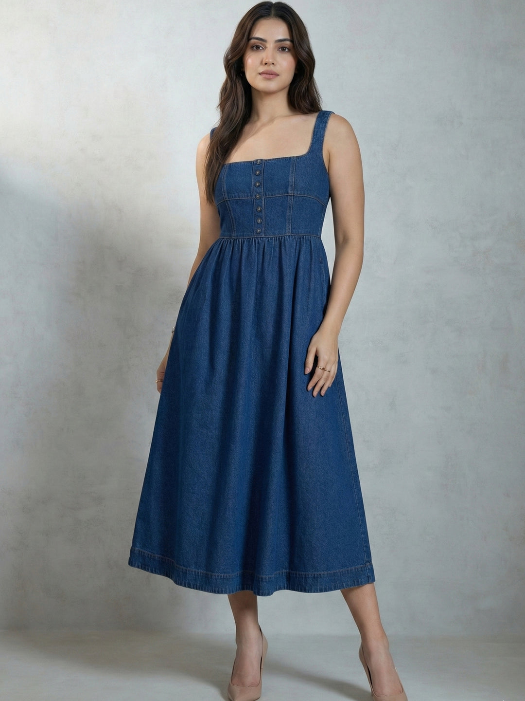 Blue Denim Flared Midi Dress