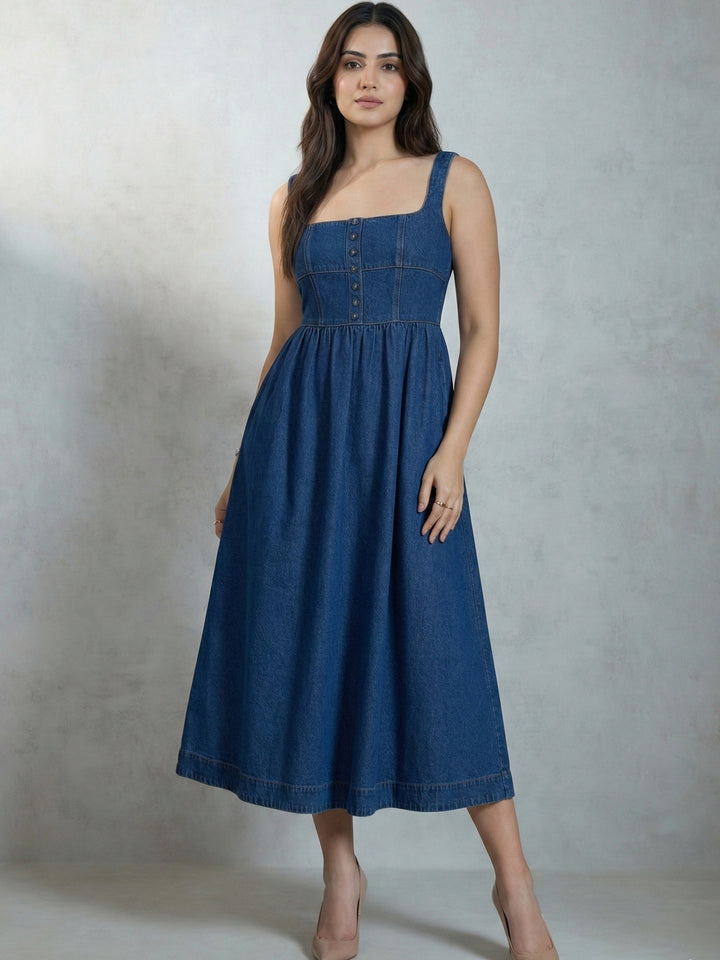 Blue Denim Flared Midi Dress
