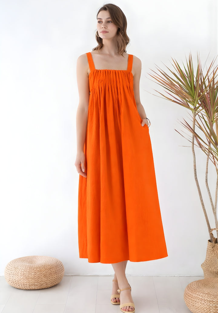 Rust Pleated Pure Cotton A-Line Smoked Waist Dress