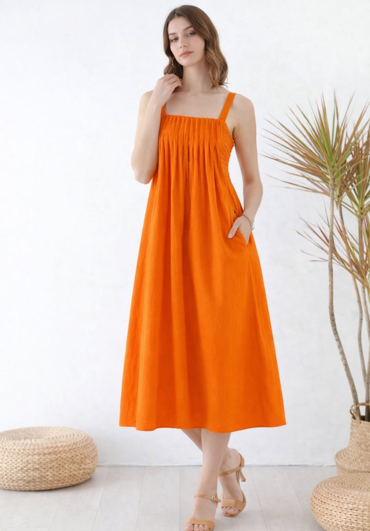 Rust Pleated Pure Cotton A-Line Smoked Waist Dress
