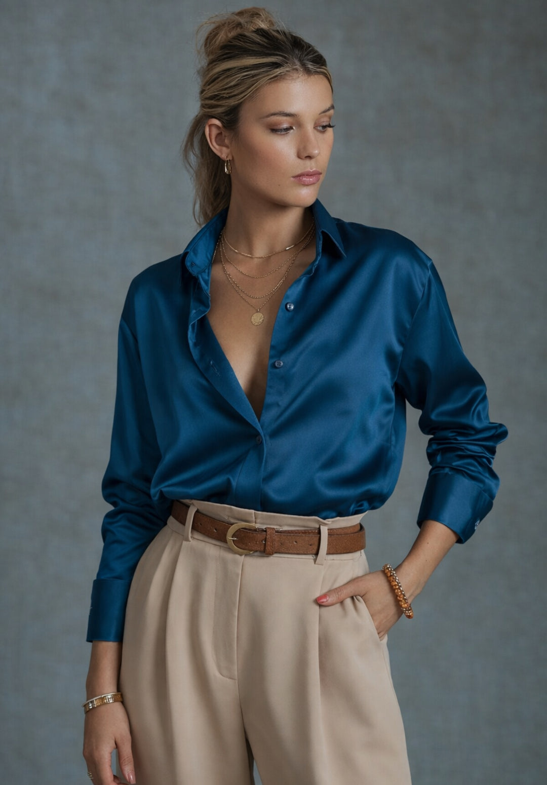 Navy Blue Milano Satin Relaxed Fit Shirt