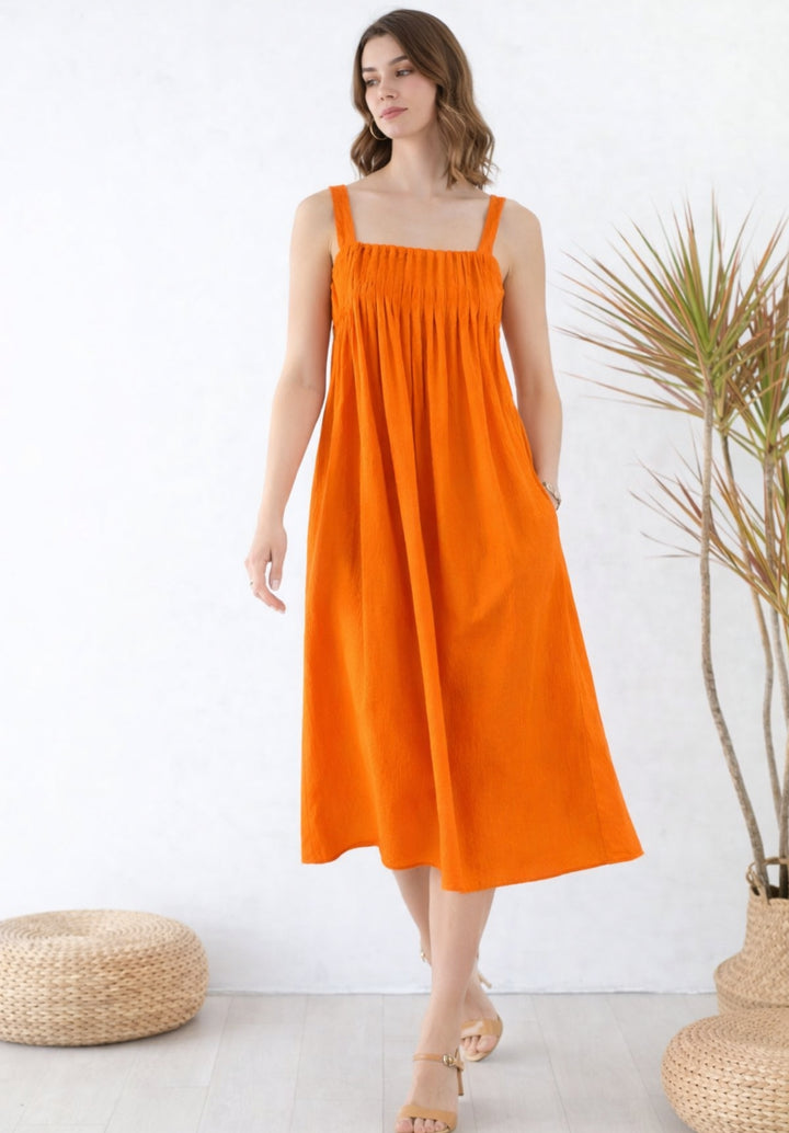 Rust Pleated Pure Cotton A-Line Smoked Waist Dress