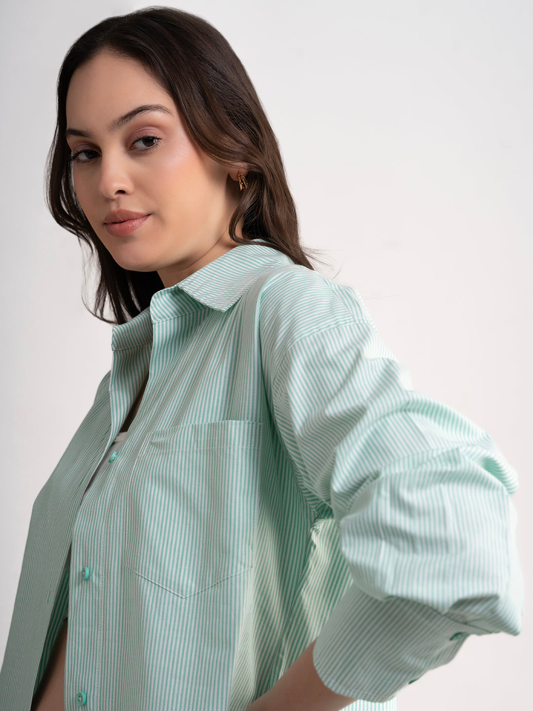 Lounge Dreams Green Cotton Striped Shirt