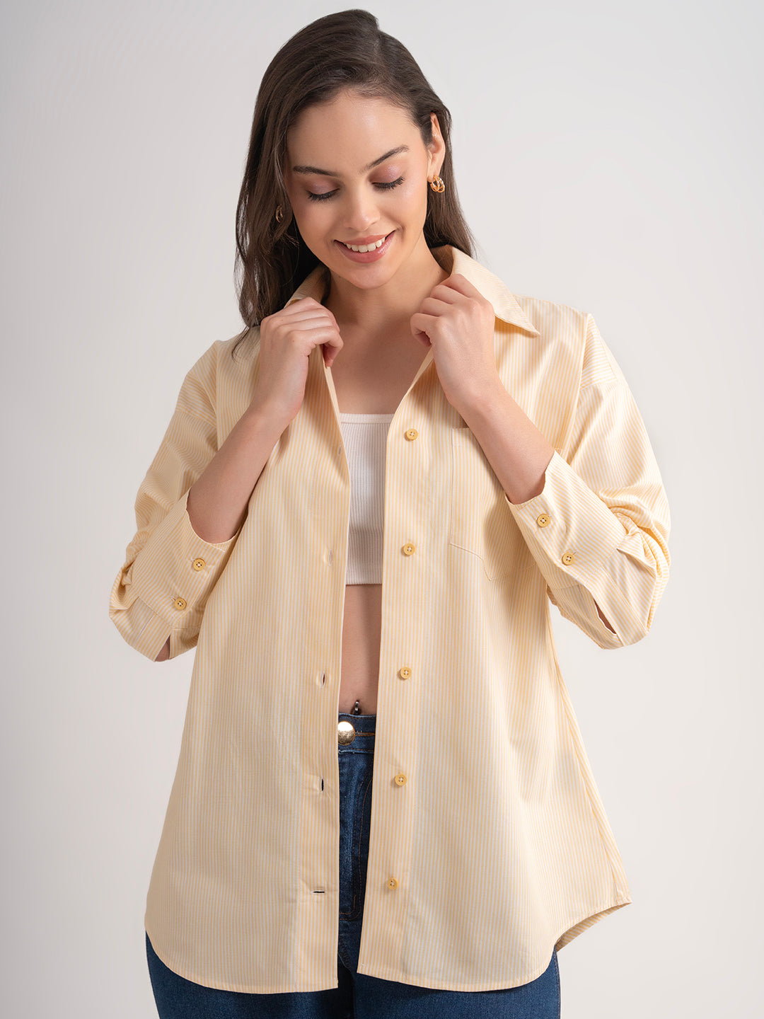 Lounge Dreams Yellow Cotton Striped Shirt