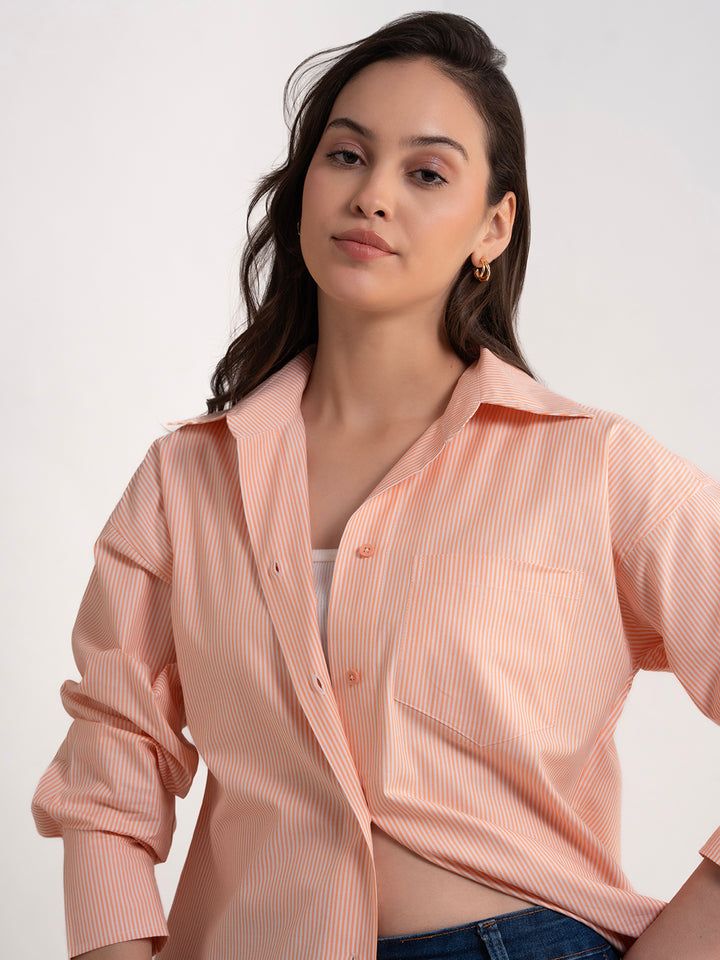 Lounge Dreams Orange Cotton Striped Shirt