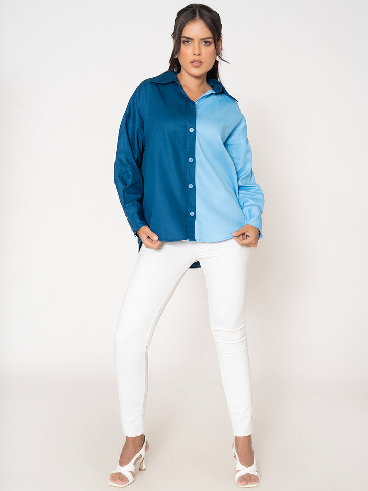 Texas Twill Pure Cotton Colorblocked Women's Oversized Shirt