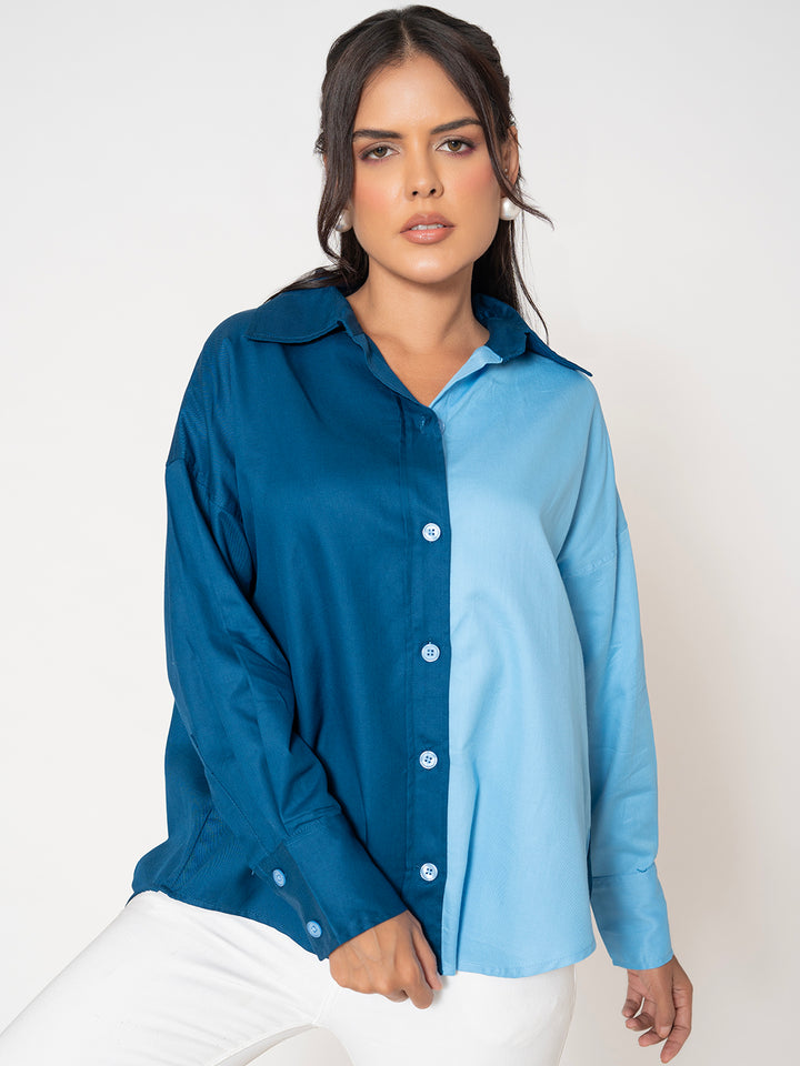 Texas Twill Pure Cotton Colorblocked Women's Oversized Shirt