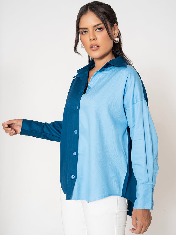 Texas Twill Pure Cotton Colorblocked Women's Oversized Shirt