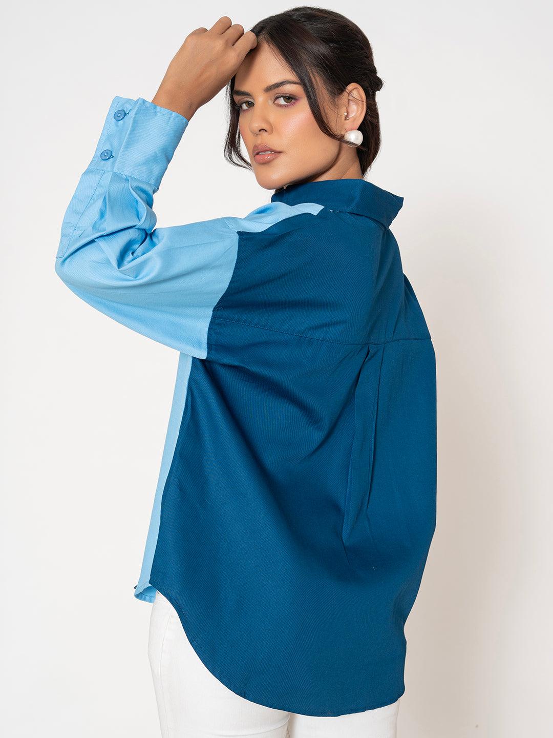 Texas Twill Pure Cotton Colorblocked Women's Oversized Shirt