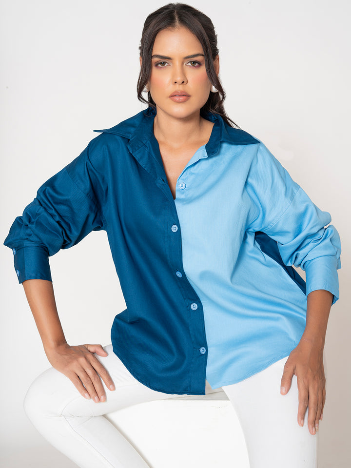 Texas Twill Pure Cotton Colorblocked Women's Oversized Shirt