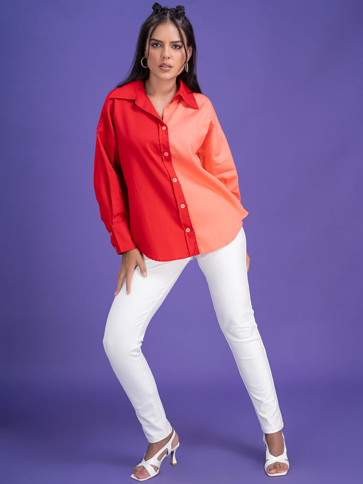 Texas Twill Pure Cotton Colorblocked Women's Oversized Shirt