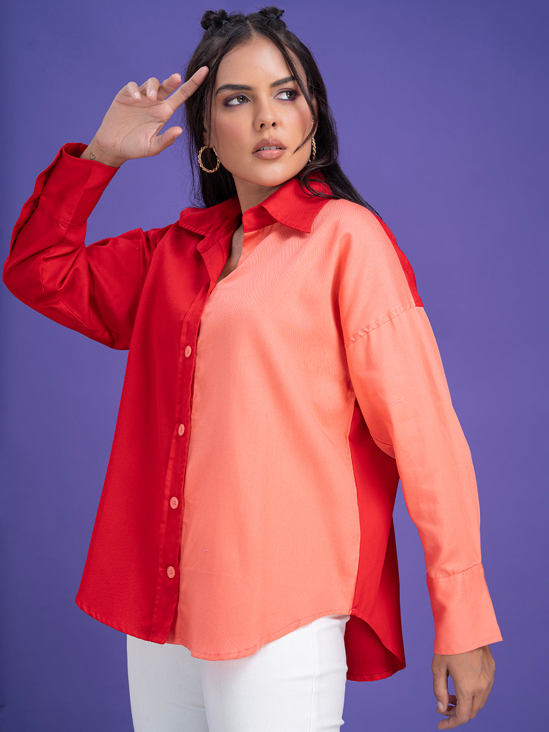 Texas Twill Pure Cotton Colorblocked Women's Oversized Shirt