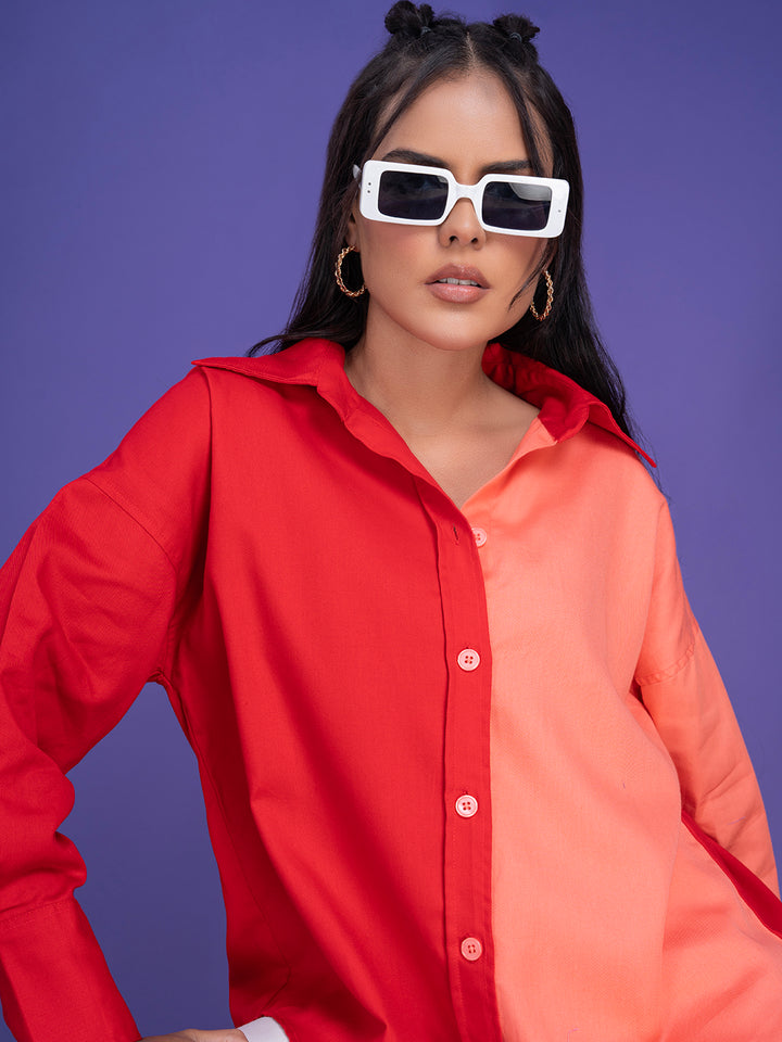 Texas Twill Pure Cotton Colorblocked Women's Oversized Shirt