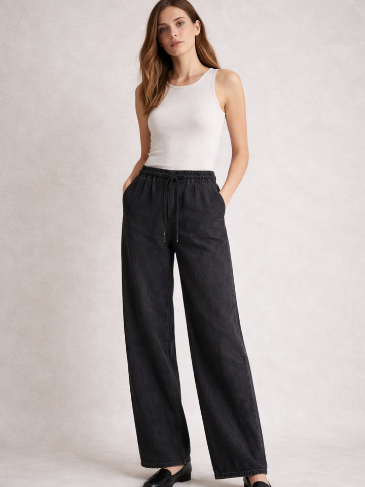 Black Denim Drawstring Trousers