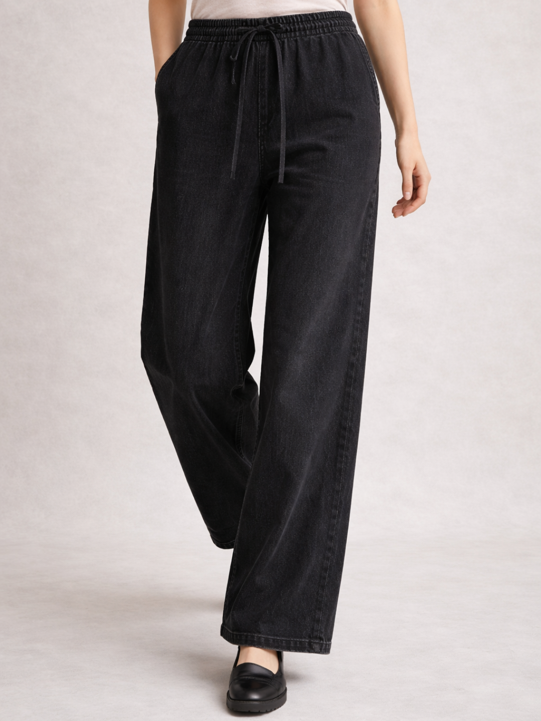 Black Denim Drawstring Trousers