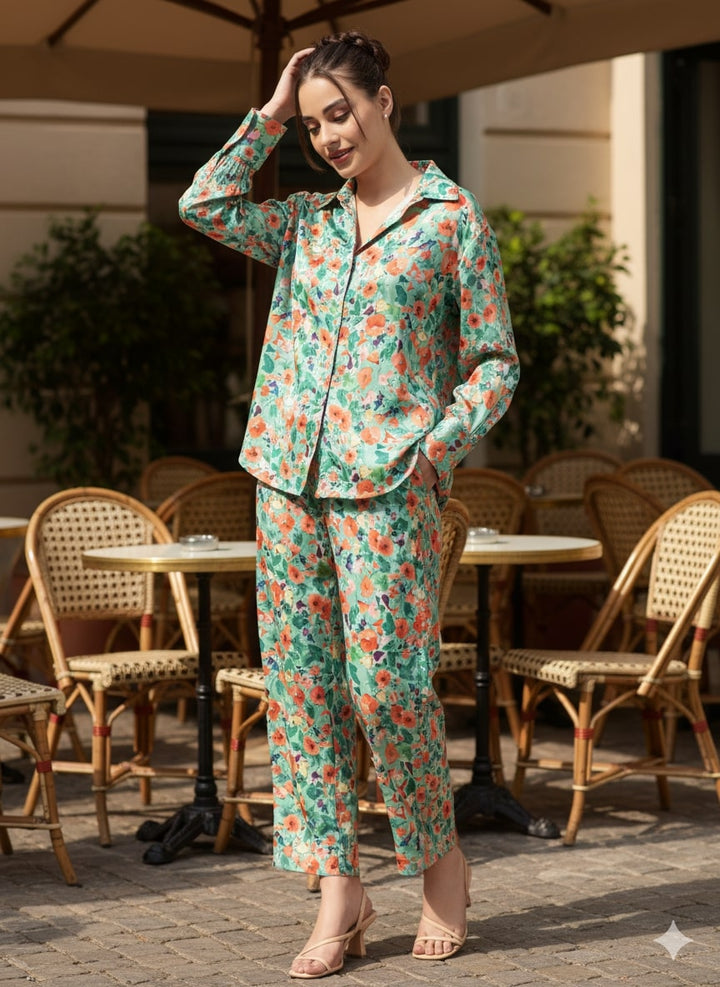 Green Mariana Floral Printed Satin Co-ords