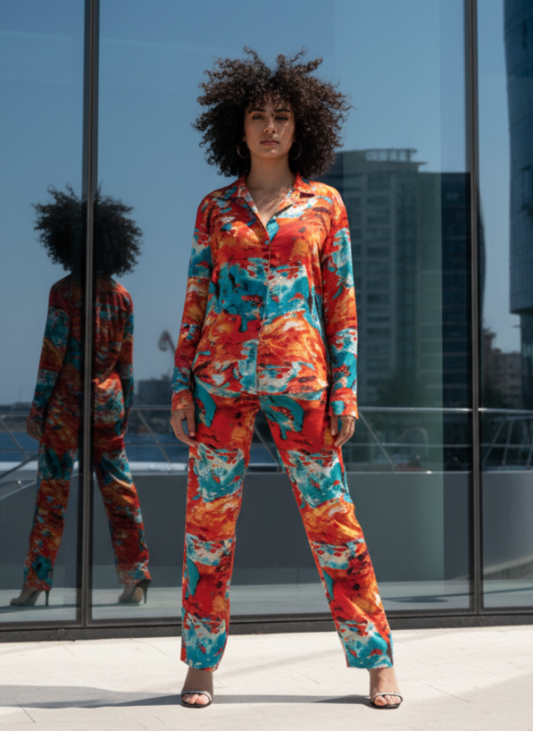 Red Printed Satin Co-ords