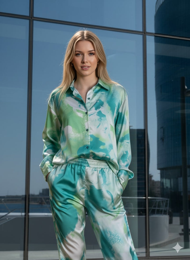 Green Printed Satin Co-ords
