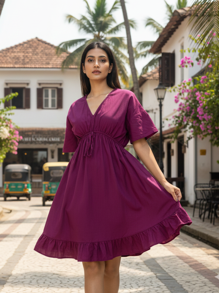 Wine Pure Cotton V-Neck Dress