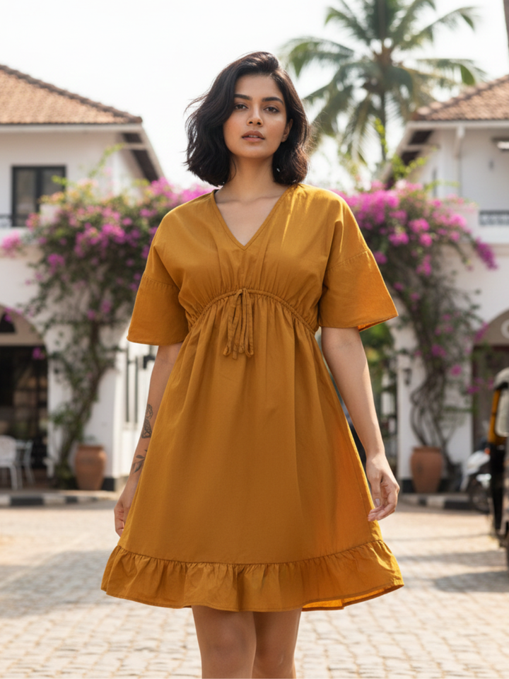 Tan Brown Pure Cotton V-Neck Dress