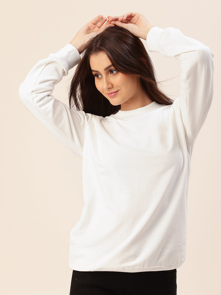 White Solid Cotton Fleece Sweatshirt