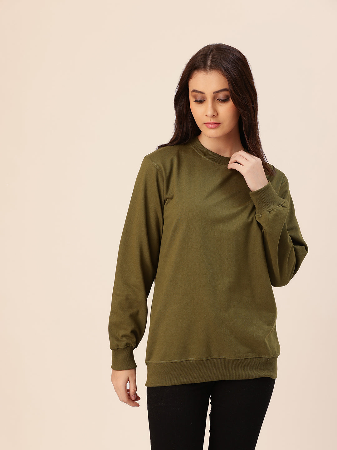 Olive Solid Cotton Fleece Sweatshirt
