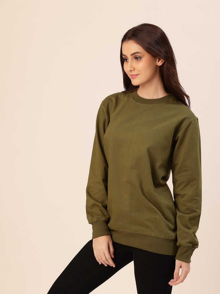Olive Solid Cotton Fleece Sweatshirt