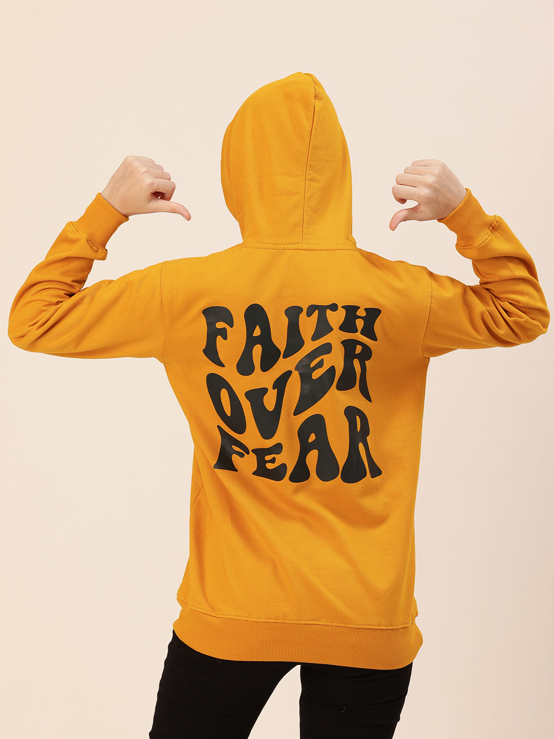 Faith Over Fear Musturd Printed Hoodie