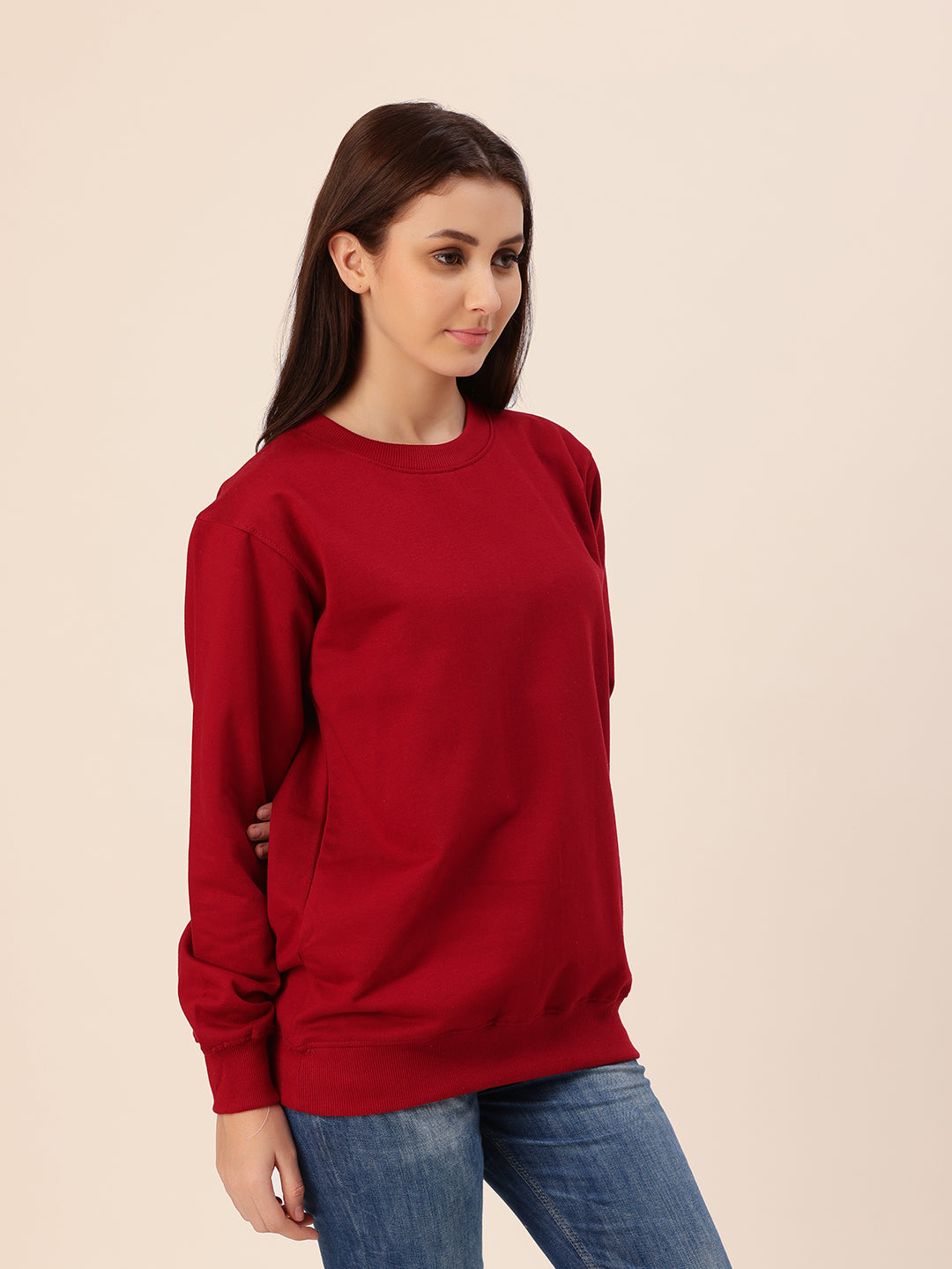 Maroon Solid Cotton Fleece Sweatshirt