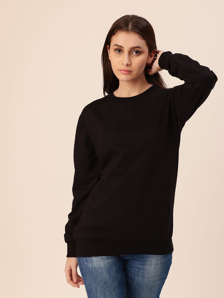 Black Solid Cotton Fleece Sweatshirt