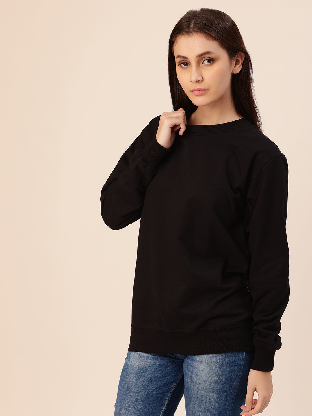Black Solid Cotton Fleece Sweatshirt