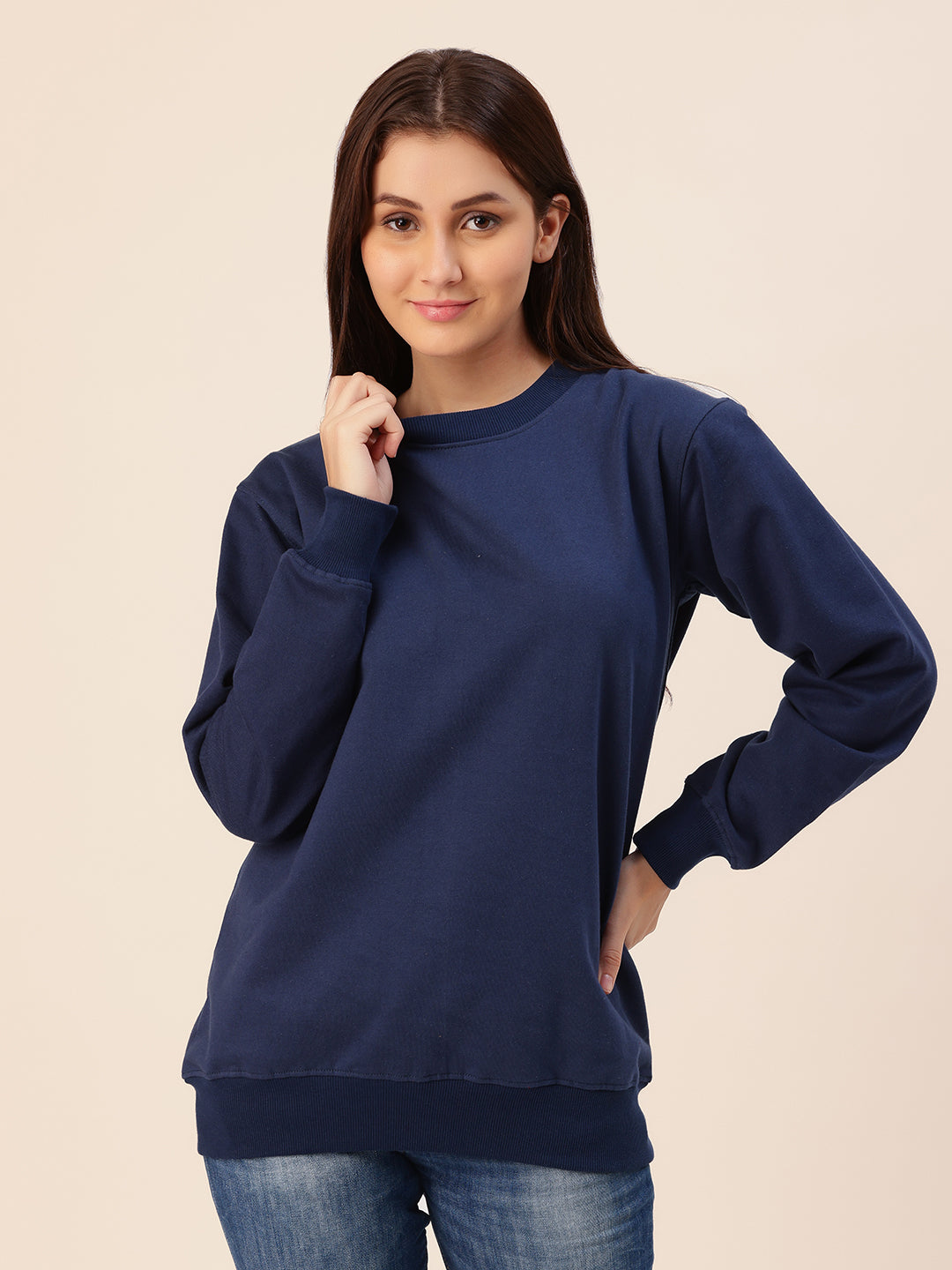 Navy Solid Cotton Fleece Sweatshirt