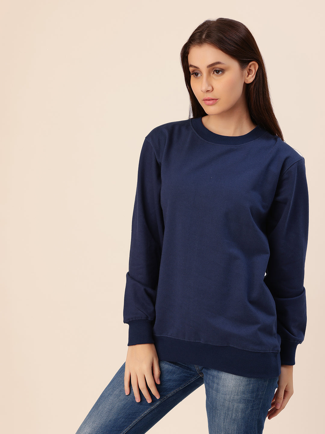Navy Solid Cotton Fleece Sweatshirt
