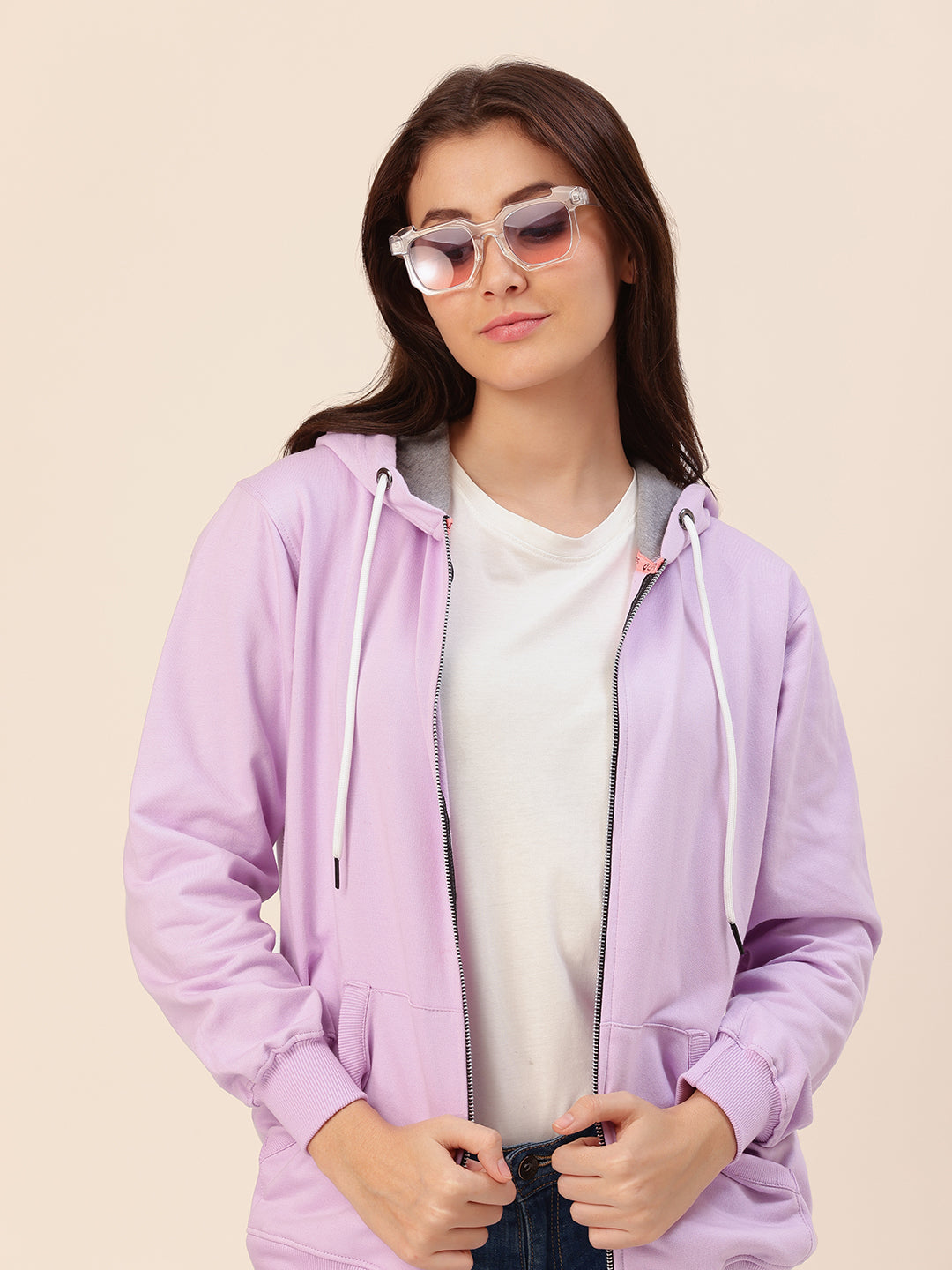 Lavender Solid Cotton Fleece Hoodie Jacket