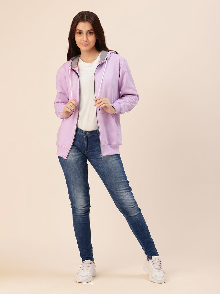 Lavender Solid Cotton Fleece Hoodie Jacket