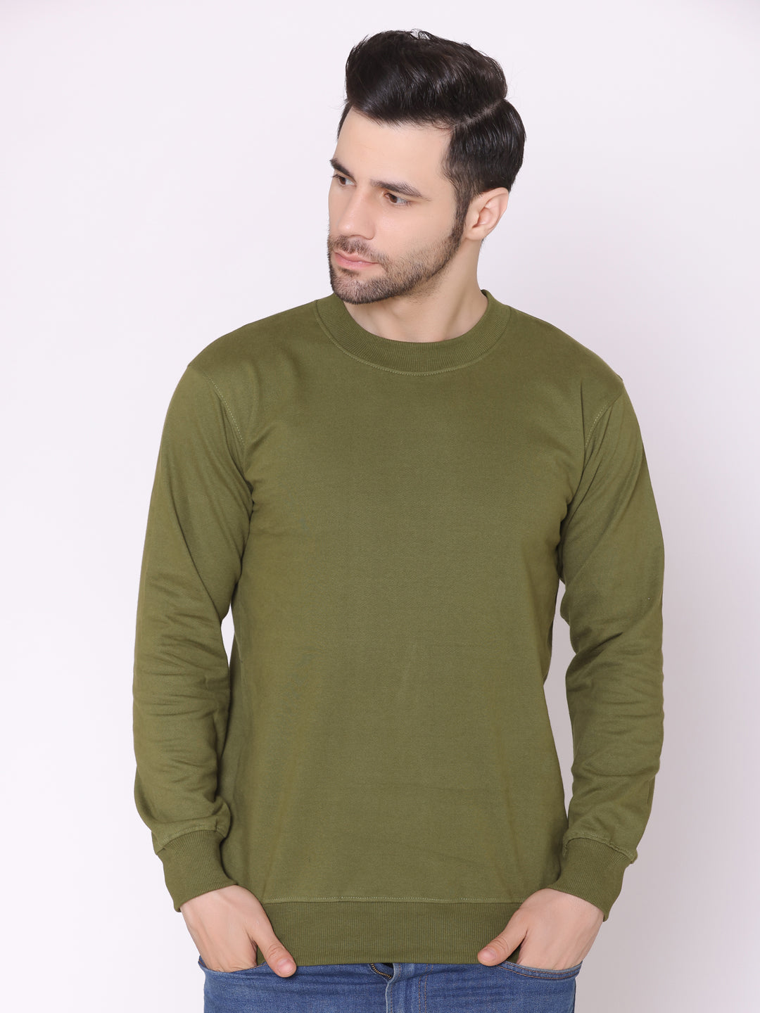 Men's Olive Solid Cotton Fleece Sweatshirt