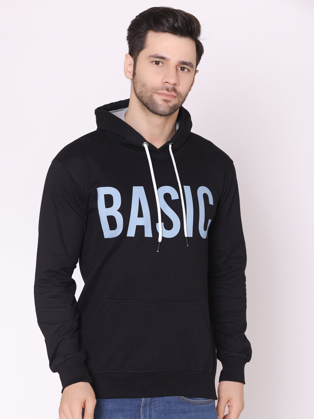 Men's Basic Printed Black Fleece Hoodie
