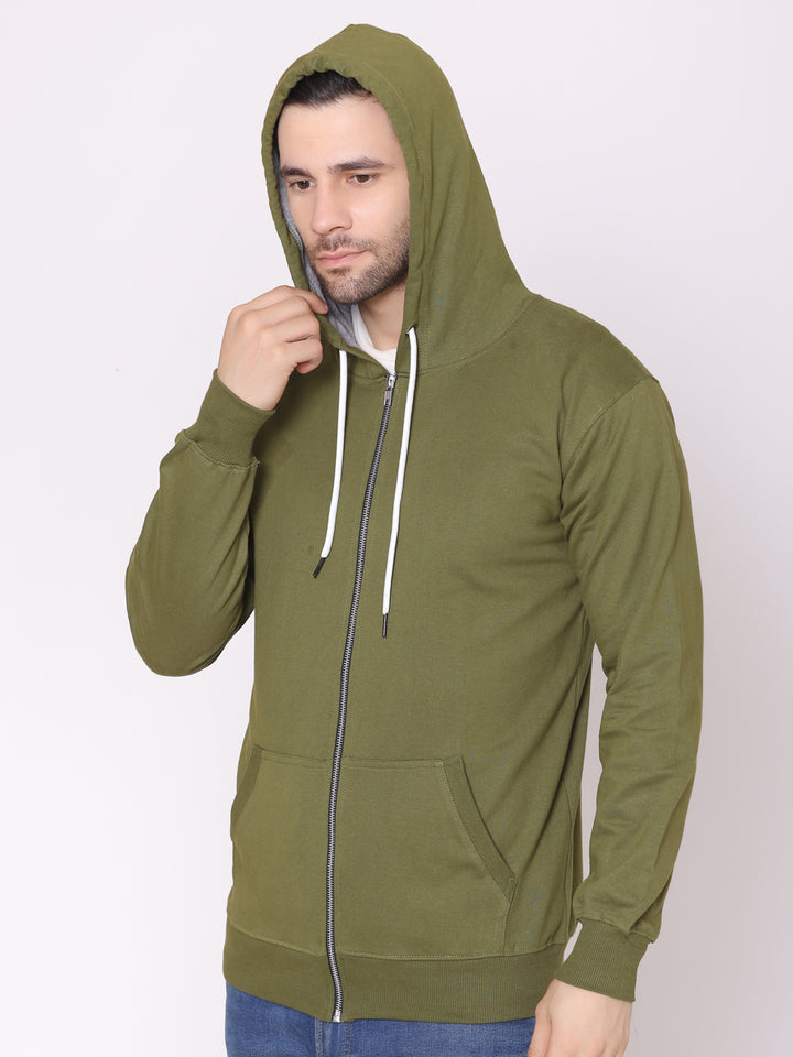 Men's Olive Solid Cotton Fleece Hoodie Jacket