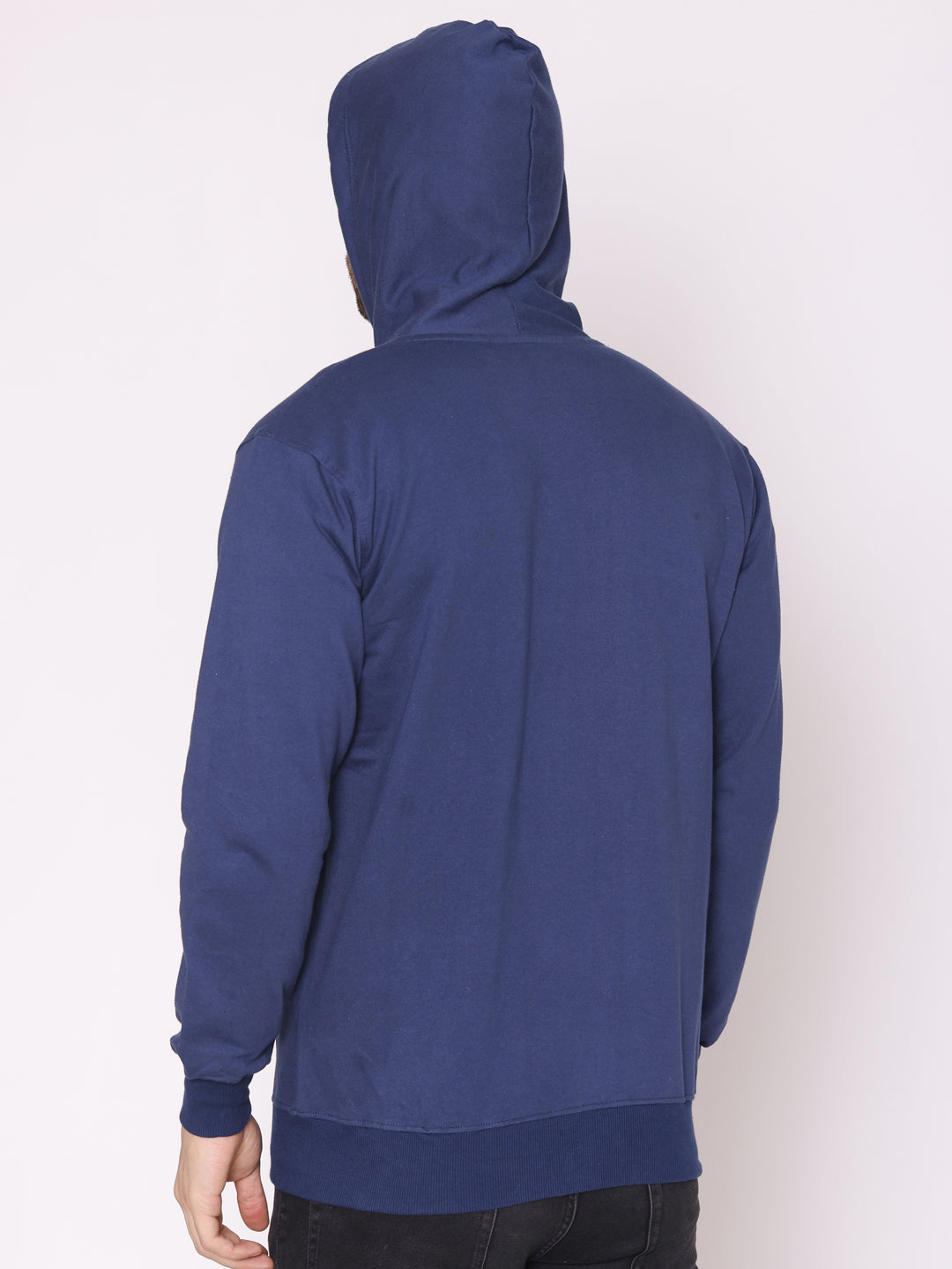 Men's Navy Solid Cotton Fleece Hoodie Jacket