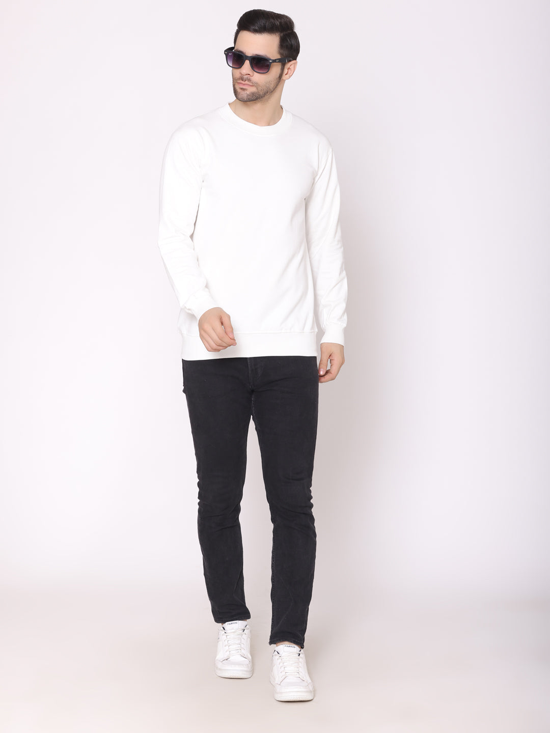 Men's White Solid Cotton Fleece Sweatshirt