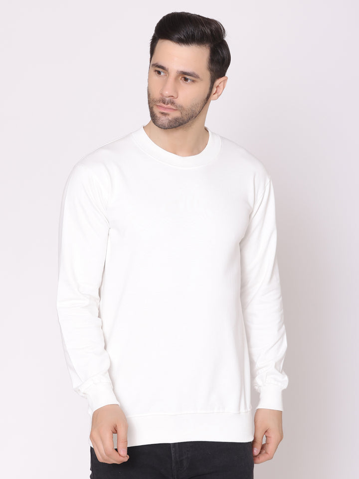 Men's White Solid Cotton Fleece Sweatshirt